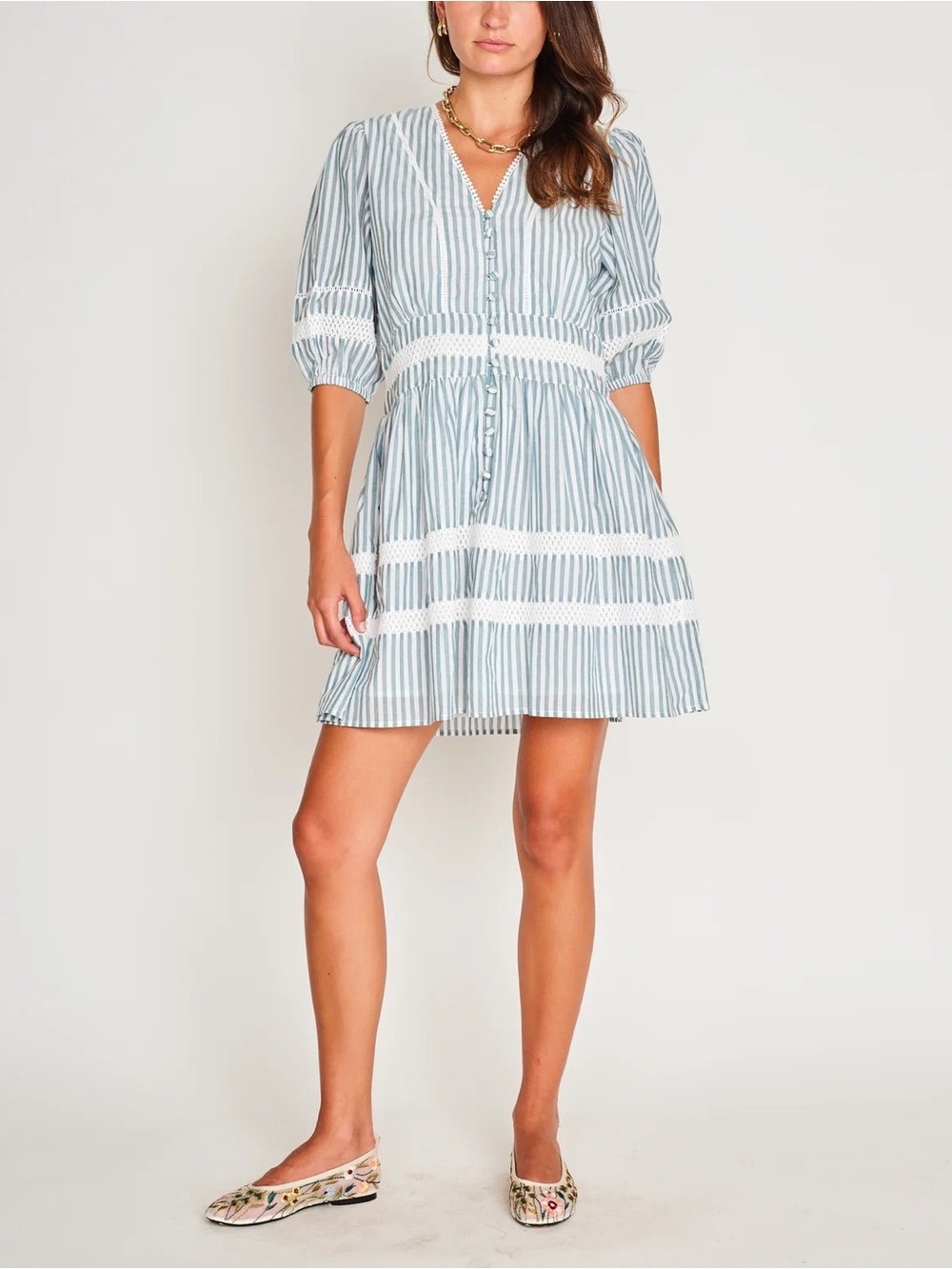 dRA Dani Blue White Stripe Lace Trim Cotton Mini Dress Small